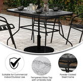 Tory Commercial Grade 27.5" x 47.25" Rectangular Patio Table with Tempered Glass Top with Umbrella Hole and Steel Tube Frame in Black