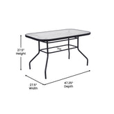 Tory Commercial Grade 27.5" x 47.25" Rectangular Patio Table with Tempered Glass Top with Umbrella Hole and Steel Tube Frame in Black