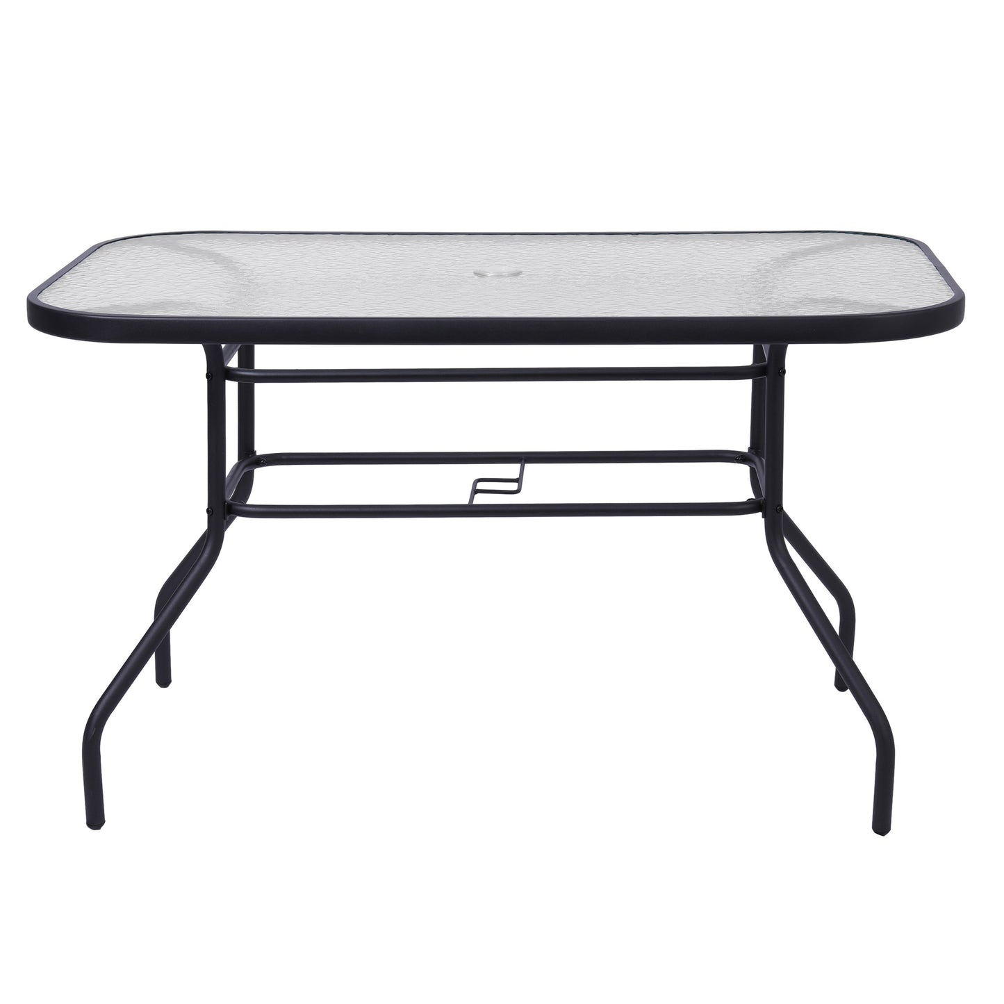 Tory Commercial Grade 27.5" x 47.25" Rectangular Patio Table with Tempered Glass Top with Umbrella Hole and Steel Tube Frame in Black