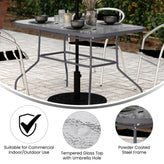 Tory Commercial Grade 27.5" x 47.25" Rectangular Patio Table with Tempered Glass Top with Umbrella Hole and Steel Tube Frame in Silver