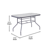 Tory Commercial Grade 27.5" x 47.25" Rectangular Patio Table with Tempered Glass Top with Umbrella Hole and Steel Tube Frame in Silver