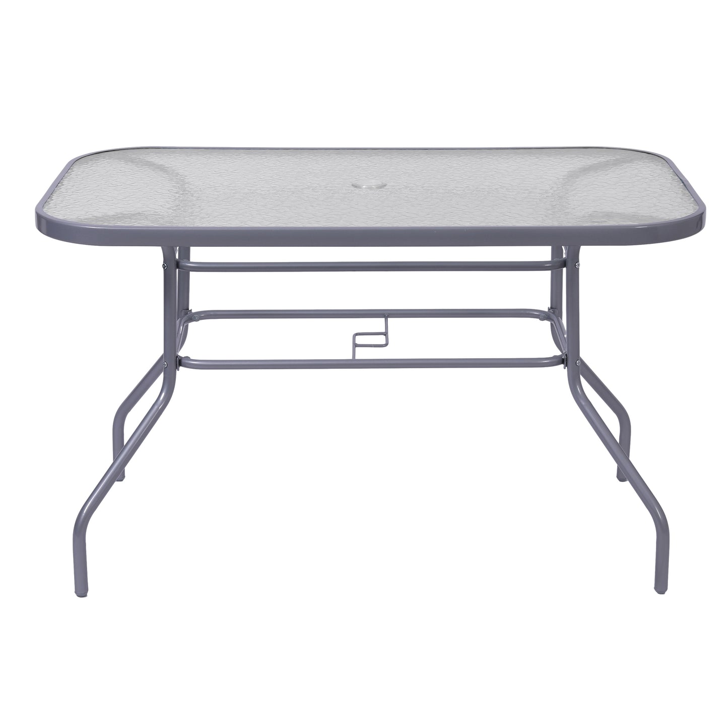 Tory Commercial Grade 27.5" x 47.25" Rectangular Patio Table with Tempered Glass Top with Umbrella Hole and Steel Tube Frame in Silver
