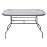 Tory Commercial Grade 27.5" x 47.25" Rectangular Patio Table with Tempered Glass Top with Umbrella Hole and Steel Tube Frame in Silver