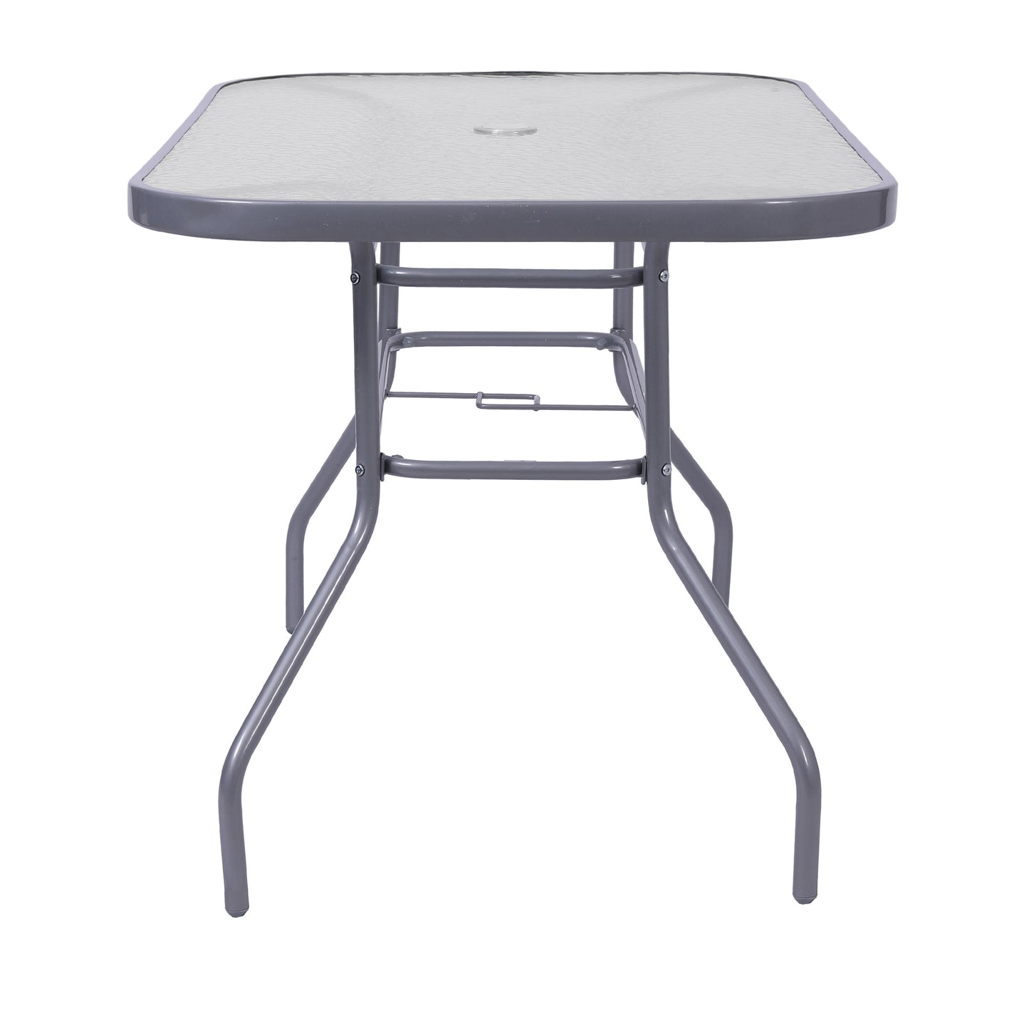 Tory Commercial Grade 27.5" x 47.25" Rectangular Patio Table with Tempered Glass Top with Umbrella Hole and Steel Tube Frame in Silver