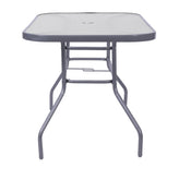 Tory Commercial Grade 27.5" x 47.25" Rectangular Patio Table with Tempered Glass Top with Umbrella Hole and Steel Tube Frame in Silver