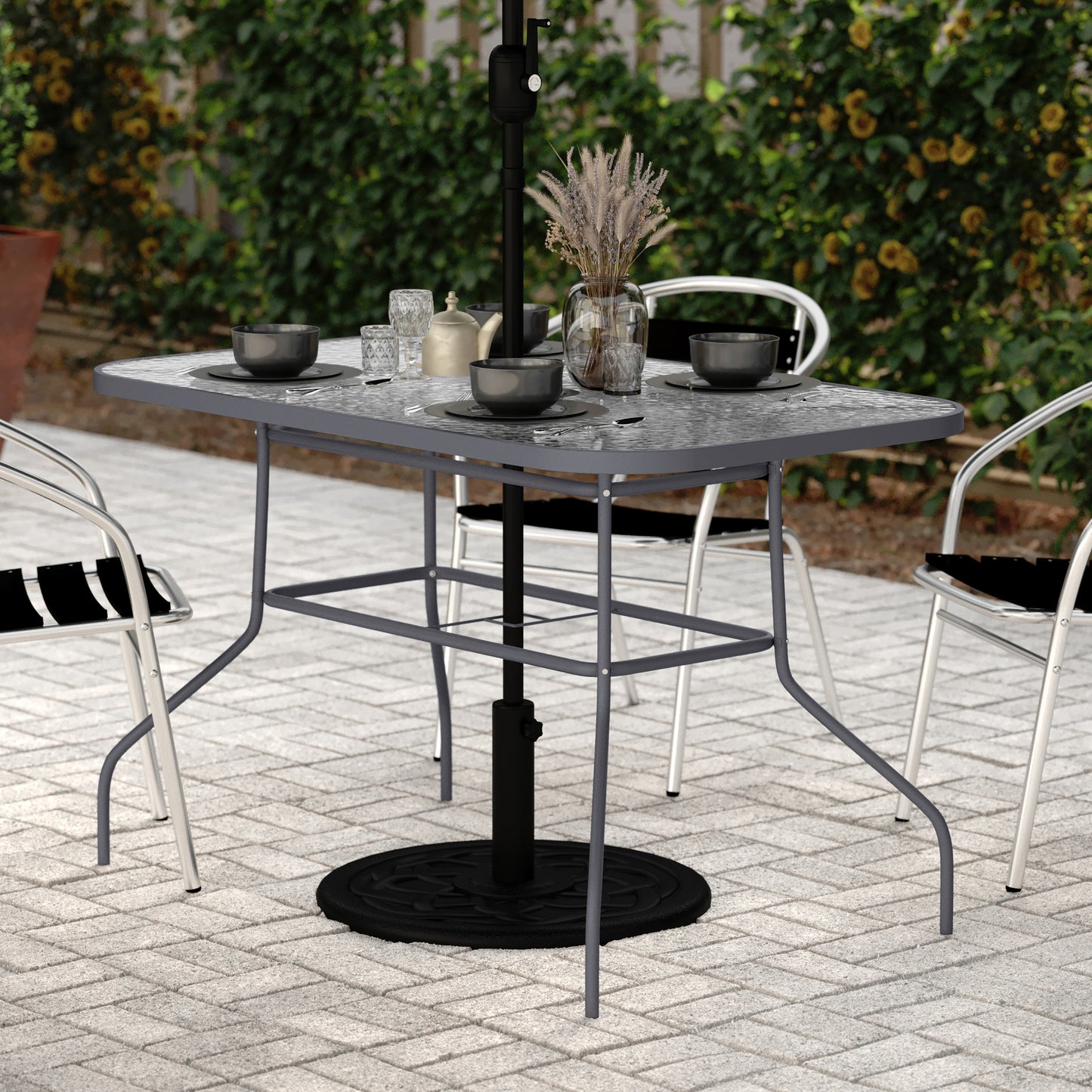 Tory Commercial Grade 27.5" x 47.25" Rectangular Patio Table with Tempered Glass Top with Umbrella Hole and Steel Tube Frame in Silver