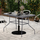 Tory Commercial Grade 27.5" x 47.25" Rectangular Patio Table with Tempered Glass Top with Umbrella Hole and Steel Tube Frame in Silver