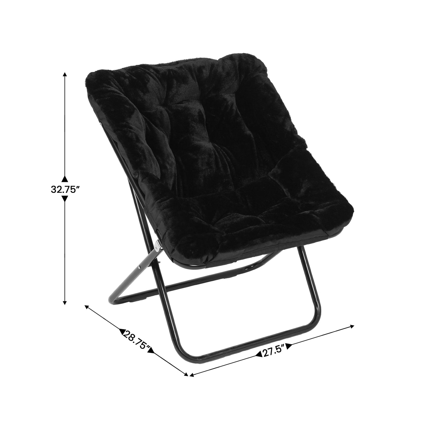 Archer 28" Oversized Portable Faux Fur Folding Saucer Chair for Dorm, Bedroom, Black Faux Fur/Black Frame