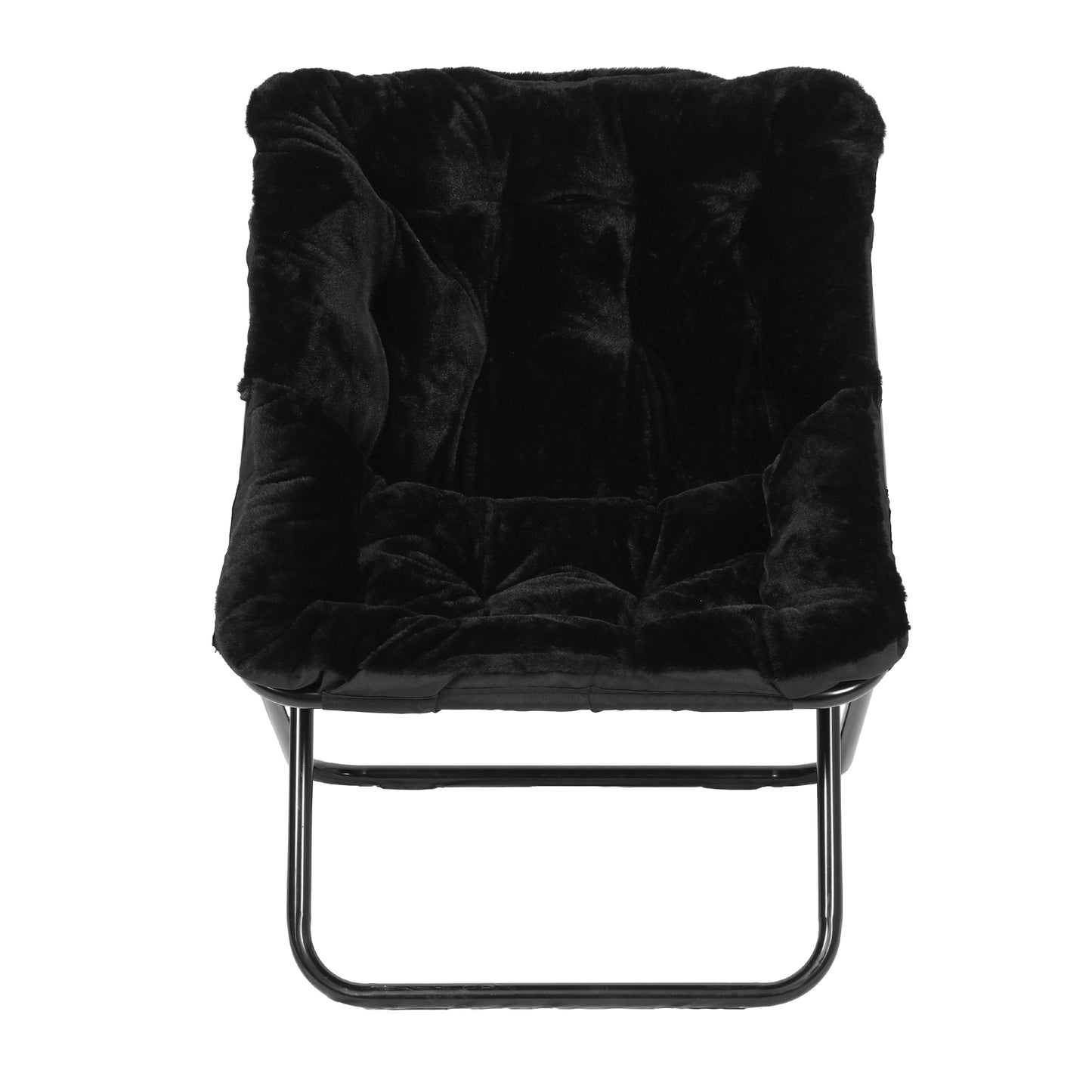 Archer 28" Oversized Portable Faux Fur Folding Saucer Chair for Dorm, Bedroom, Black Faux Fur/Black Frame