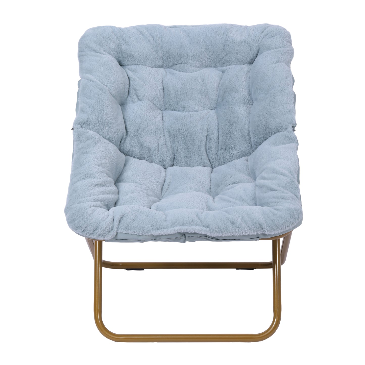 Archer 28" Oversized Portable Faux Fur Folding Saucer Chair for Dorm, Bedroom, Dusty Aqua Faux Fur/Soft Gold Frame