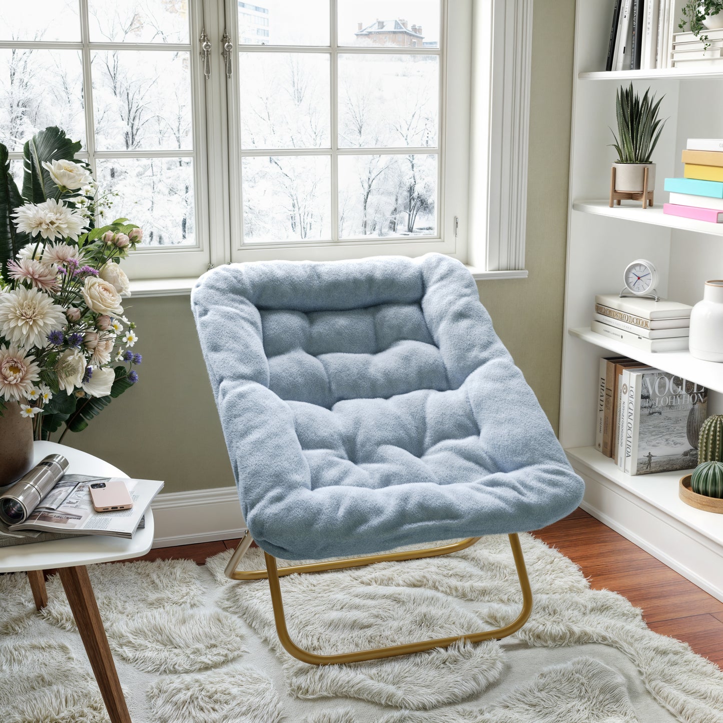 Archer 28" Oversized Portable Faux Fur Folding Saucer Chair for Dorm, Bedroom, Dusty Aqua Faux Fur/Soft Gold Frame