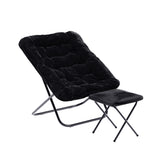 Archer 28" Oversized Portable Faux Fur Folding Saucer Chair with Folding Ottoman for Dorm, Bedroom, Black Faux Fur/Black Frame