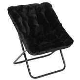 Archer 28" Oversized Portable Faux Fur Folding Saucer Chair with Folding Ottoman for Dorm, Bedroom, Black Faux Fur/Black Frame