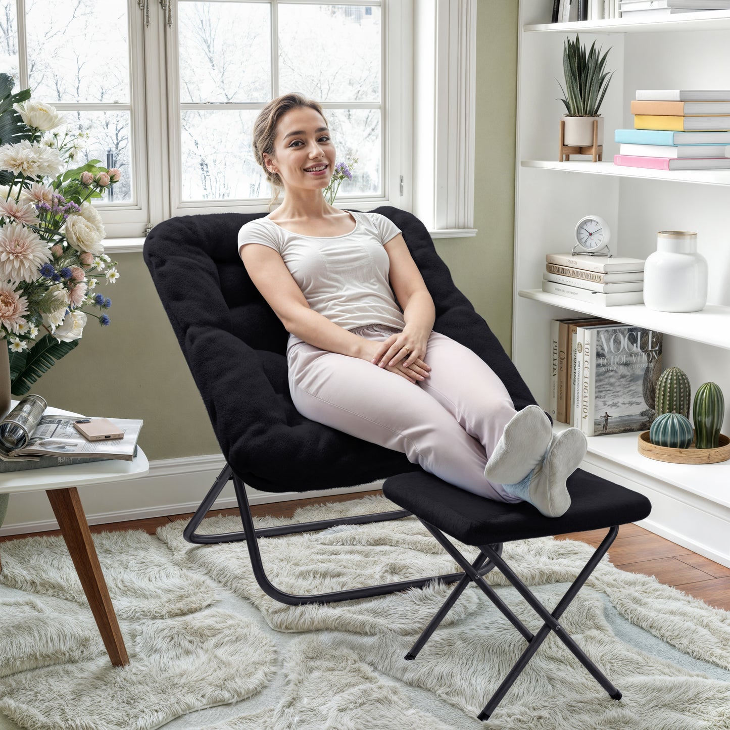 Archer 28" Oversized Portable Faux Fur Folding Saucer Chair with Folding Ottoman for Dorm, Bedroom, Black Faux Fur/Black Frame