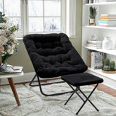 Archer 28" Oversized Portable Faux Fur Folding Saucer Chair with Folding Ottoman for Dorm, Bedroom, Black Faux Fur/Black Frame