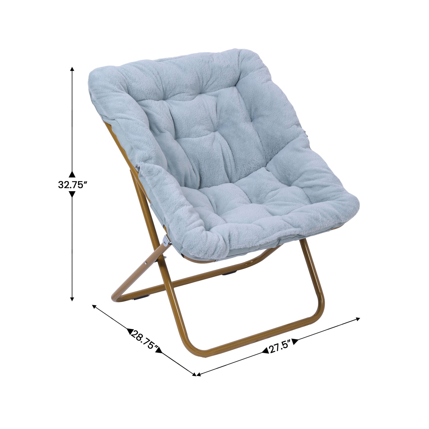 Archer 28" Oversized Portable Faux Fur Folding Saucer Chair with Folding Ottoman for Dorm, Bedroom, Dusty Aqua Faux Fur/Soft Gold Frame
