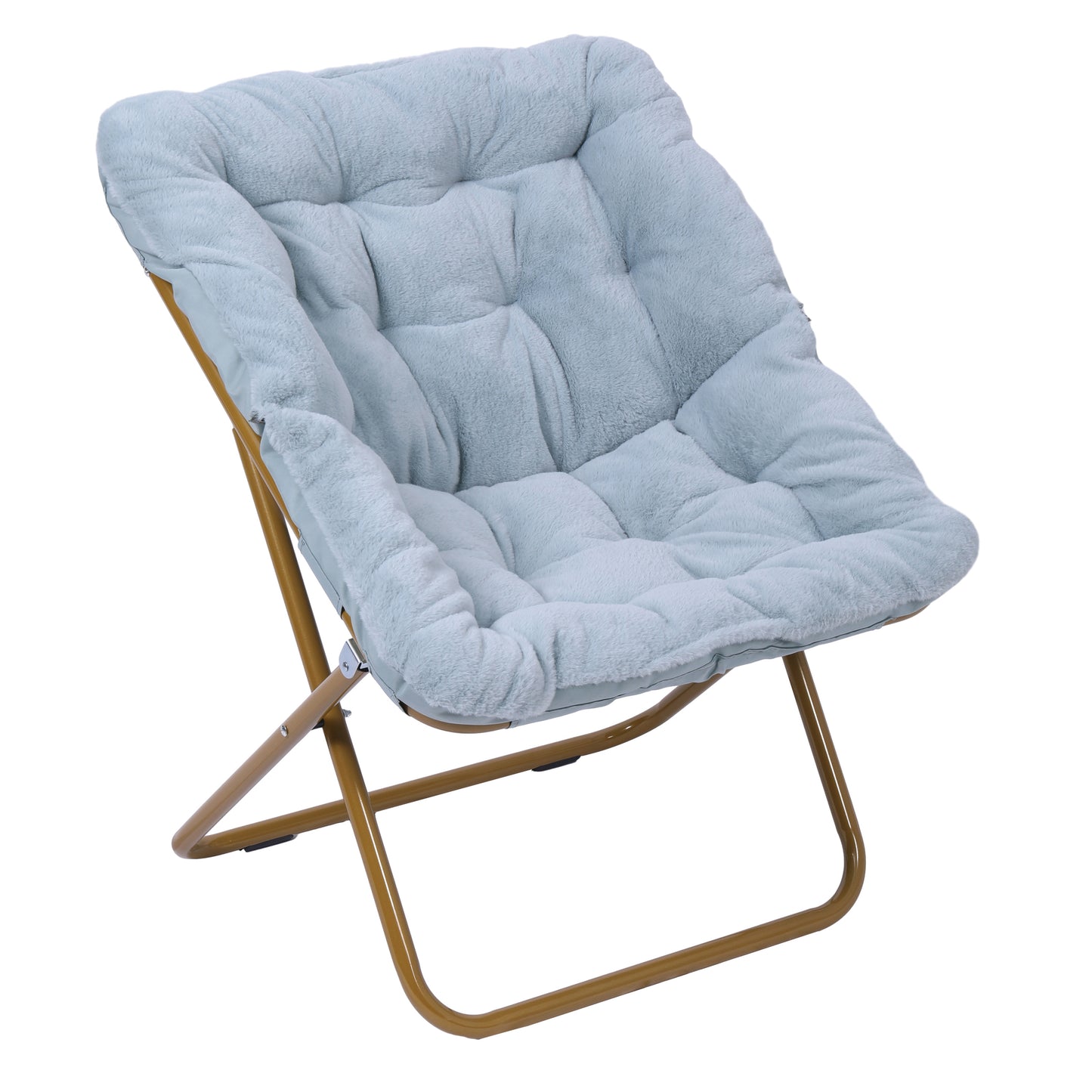 Archer 28" Oversized Portable Faux Fur Folding Saucer Chair with Folding Ottoman for Dorm, Bedroom, Dusty Aqua Faux Fur/Soft Gold Frame