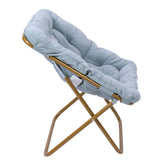 Archer 28" Oversized Portable Faux Fur Folding Saucer Chair with Folding Ottoman for Dorm, Bedroom, Dusty Aqua Faux Fur/Soft Gold Frame