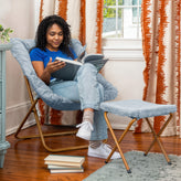 Archer 28" Oversized Portable Faux Fur Folding Saucer Chair with Folding Ottoman for Dorm, Bedroom, Dusty Aqua Faux Fur/Soft Gold Frame