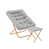 Archer 28" Oversized Portable Faux Fur Folding Saucer Chair with folding Ottoman for Dorm, Bedroom, Gray Faux Fur/Soft Gold Frame