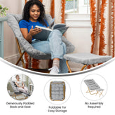 Archer 28" Oversized Portable Faux Fur Folding Saucer Chair with folding Ottoman for Dorm, Bedroom, Gray Faux Fur/Soft Gold Frame
