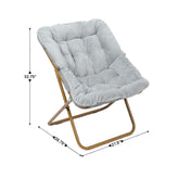 Archer 28" Oversized Portable Faux Fur Folding Saucer Chair with folding Ottoman for Dorm, Bedroom, Gray Faux Fur/Soft Gold Frame