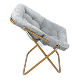 Archer 28" Oversized Portable Faux Fur Folding Saucer Chair with folding Ottoman for Dorm, Bedroom, Gray Faux Fur/Soft Gold Frame