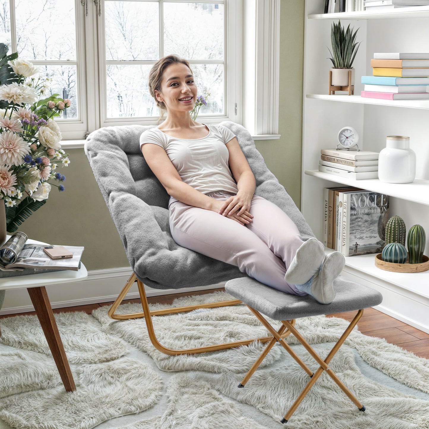 Archer 28" Oversized Portable Faux Fur Folding Saucer Chair with folding Ottoman for Dorm, Bedroom, Gray Faux Fur/Soft Gold Frame