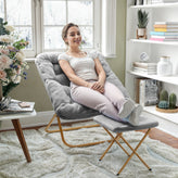 Archer 28" Oversized Portable Faux Fur Folding Saucer Chair with folding Ottoman for Dorm, Bedroom, Gray Faux Fur/Soft Gold Frame