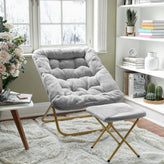 Archer 28" Oversized Portable Faux Fur Folding Saucer Chair with folding Ottoman for Dorm, Bedroom, Gray Faux Fur/Soft Gold Frame