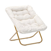 Archer 28" Oversized Portable Faux Shearling Folding Saucer Chair with Folding Ottoman for Dorm, Bedroom, Ivory Faux Shearling/Soft Gold Frame