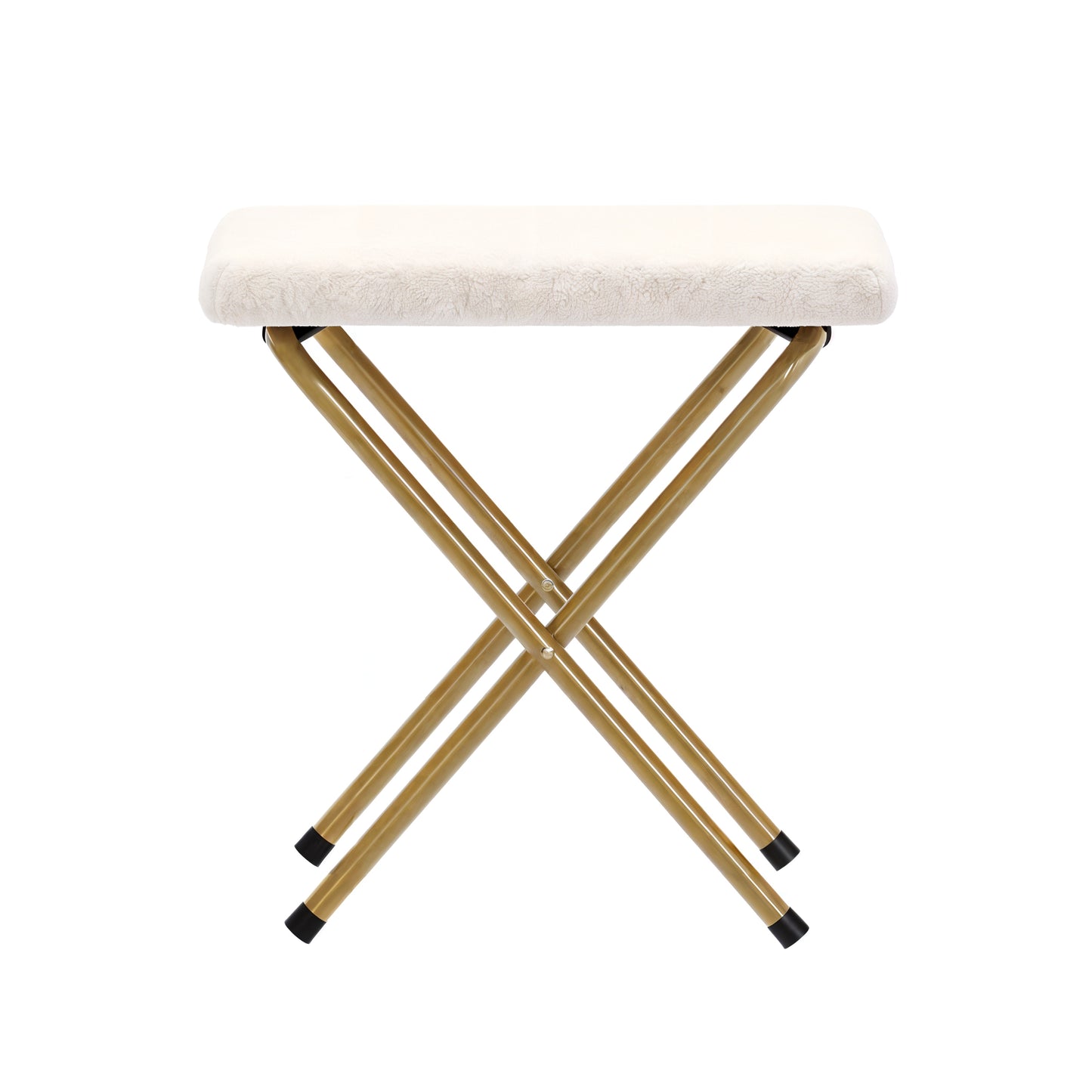 Archer 28" Oversized Portable Faux Shearling Folding Saucer Chair with Folding Ottoman for Dorm, Bedroom, Ivory Faux Shearling/Soft Gold Frame