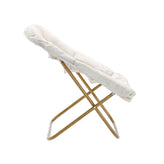 Archer 28" Oversized Portable Faux Shearling Folding Saucer Chair with Folding Ottoman for Dorm, Bedroom, Ivory Faux Shearling/Soft Gold Frame