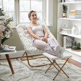 Archer 28" Oversized Portable Faux Shearling Folding Saucer Chair with Folding Ottoman for Dorm, Bedroom, Ivory Faux Shearling/Soft Gold Frame