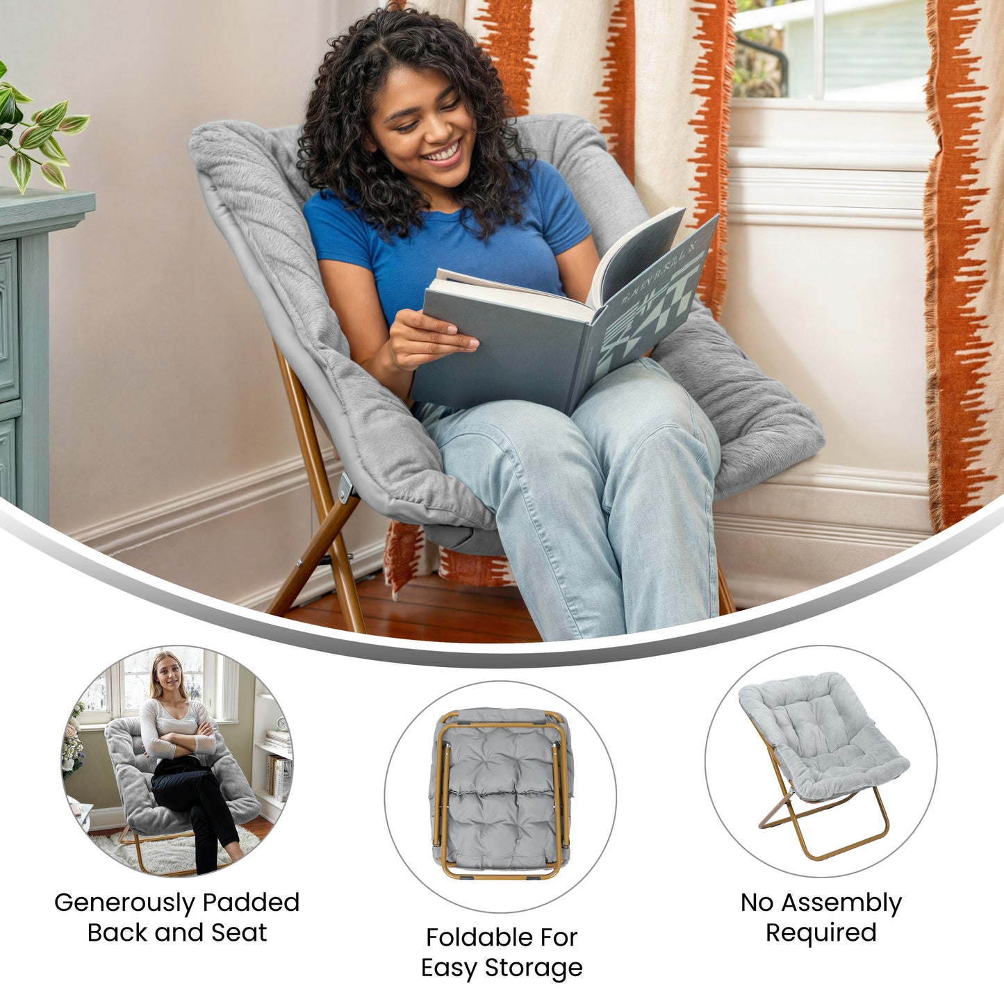 Archer 28" Oversized Portable Faux Fur Folding Saucer Chair for Dorm, Bedroom, Gray Faux Fur/Soft Gold Frame