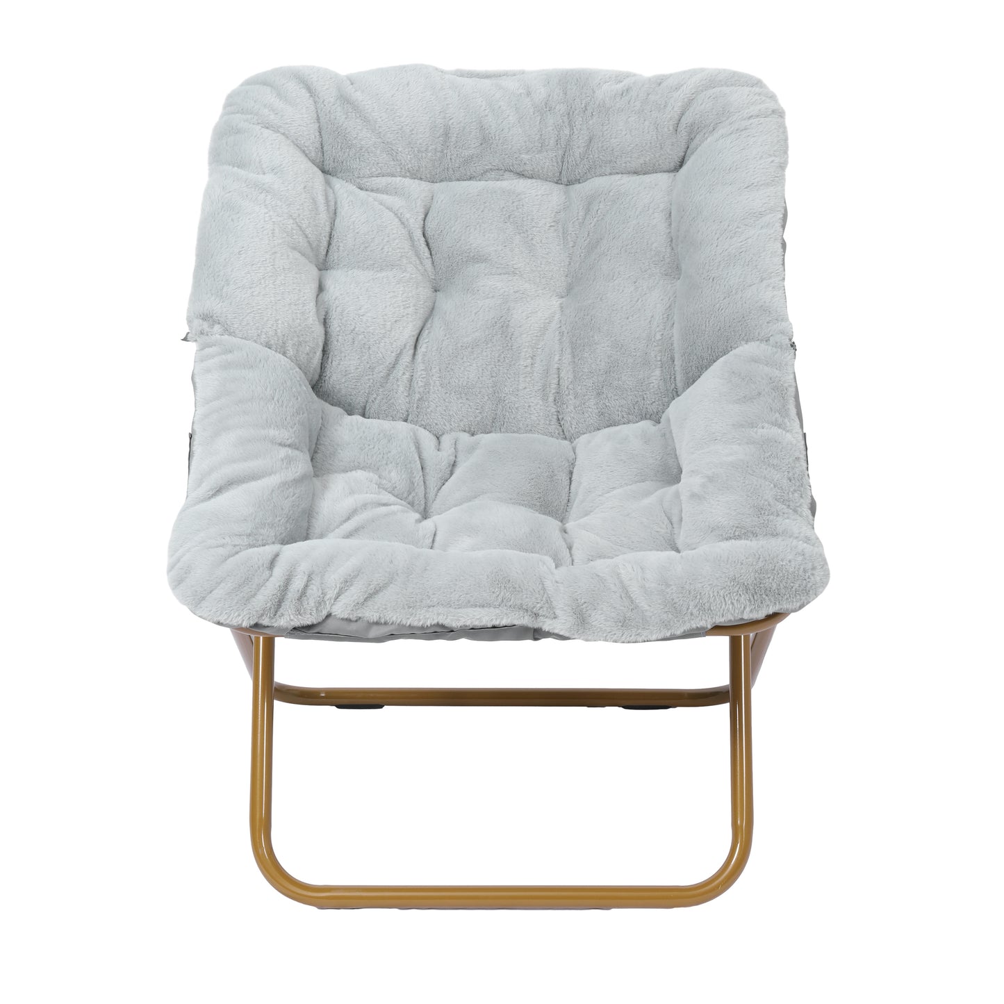 Archer 28" Oversized Portable Faux Fur Folding Saucer Chair for Dorm, Bedroom, Gray Faux Fur/Soft Gold Frame