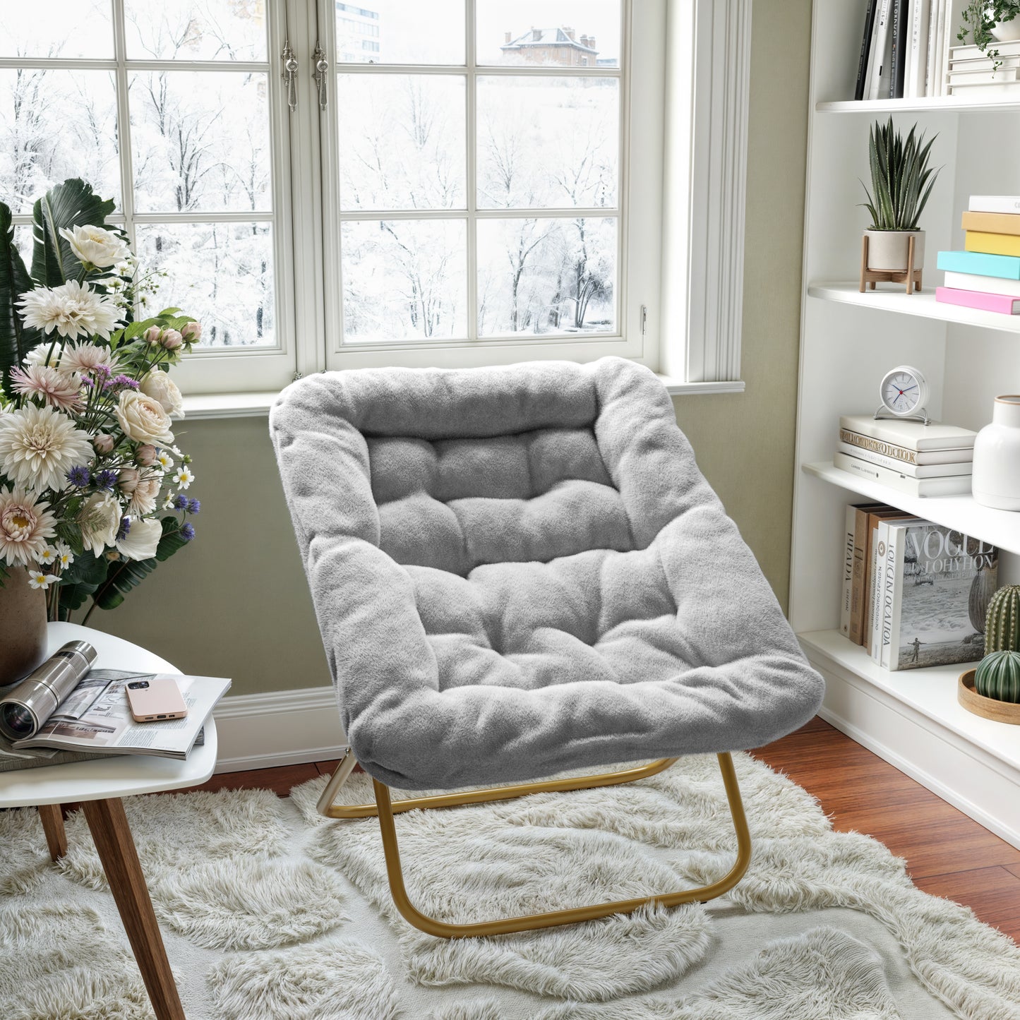 Archer 28" Oversized Portable Faux Fur Folding Saucer Chair for Dorm, Bedroom, Gray Faux Fur/Soft Gold Frame