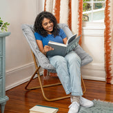 Archer 28" Oversized Portable Faux Fur Folding Saucer Chair for Dorm, Bedroom, Gray Faux Fur/Soft Gold Frame