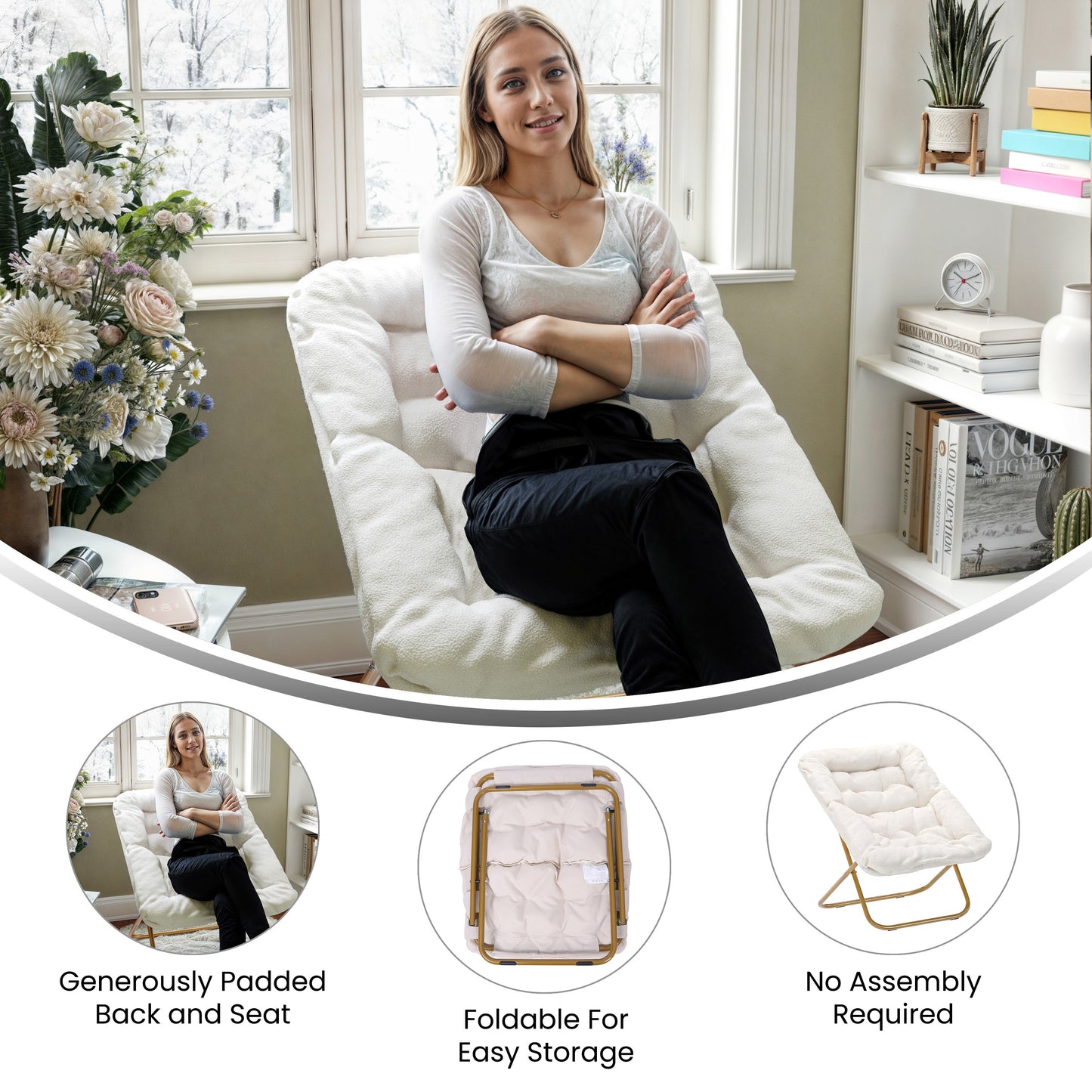 Archer 28" Oversized Portable Faux Shearling Folding Saucer Chair for Dorm, Bedroom, Ivory Faux Shearling/Soft Gold Frame