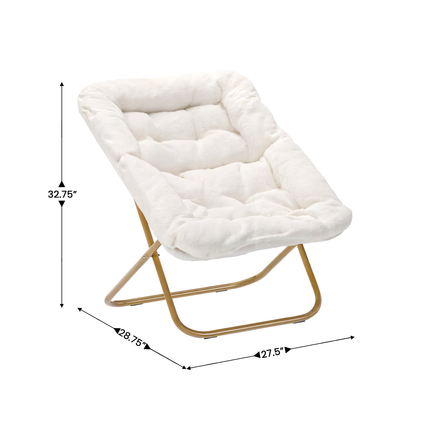 Archer 28" Oversized Portable Faux Shearling Folding Saucer Chair for Dorm, Bedroom, Ivory Faux Shearling/Soft Gold Frame