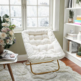 Archer 28" Oversized Portable Faux Shearling Folding Saucer Chair for Dorm, Bedroom, Ivory Faux Shearling/Soft Gold Frame