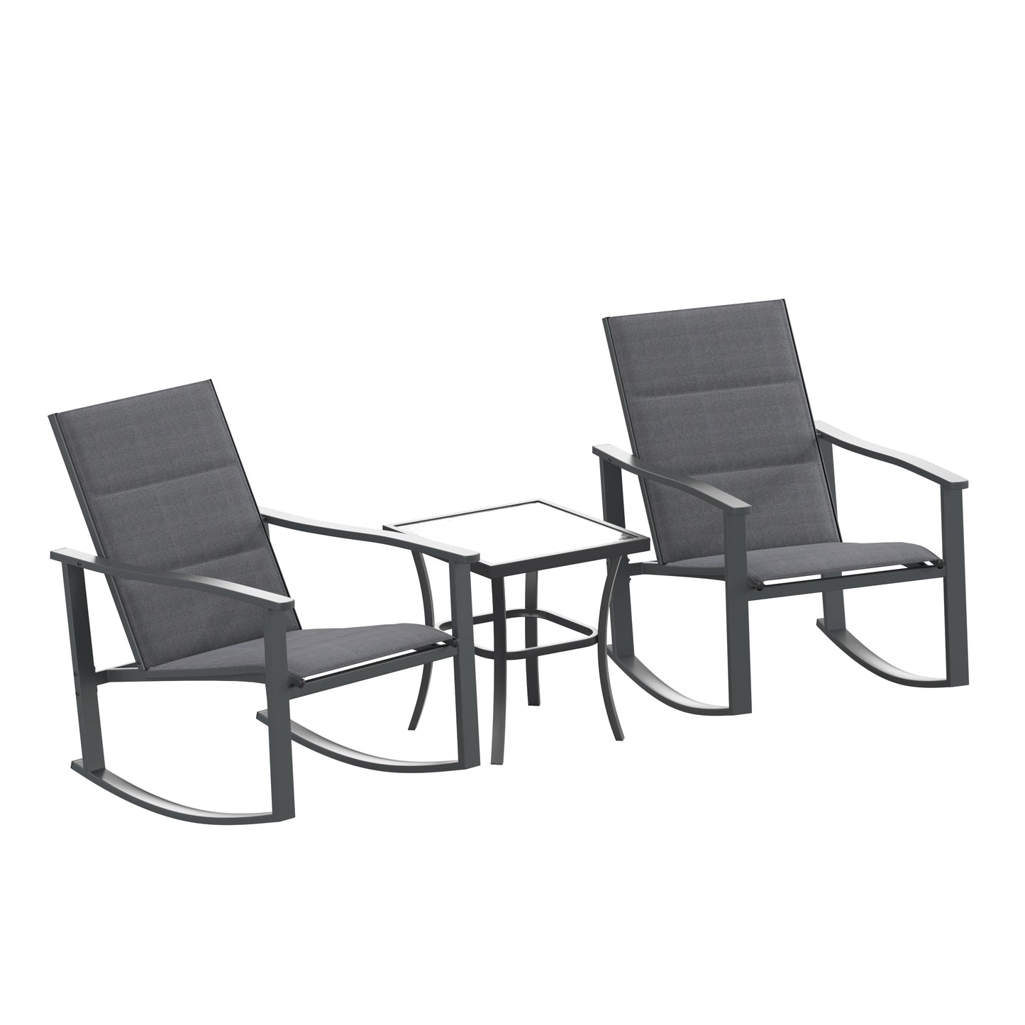 Brazos 3 Piece Outdoor Rocking Chair Bistro Set with Flex Comfort Material and Steel Framed Glass Top Table, Black/Black