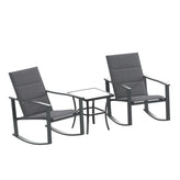 Brazos 3 Piece Outdoor Rocking Chair Bistro Set with Flex Comfort Material and Steel Framed Glass Top Table, Black/Black