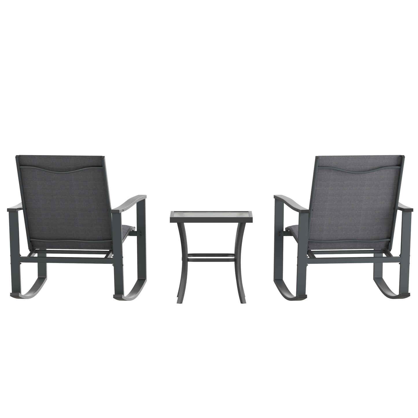 Brazos 3 Piece Outdoor Rocking Chair Bistro Set with Flex Comfort Material and Steel Framed Glass Top Table, Black/Black