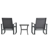Brazos 3 Piece Outdoor Rocking Chair Bistro Set with Flex Comfort Material and Steel Framed Glass Top Table, Black/Black