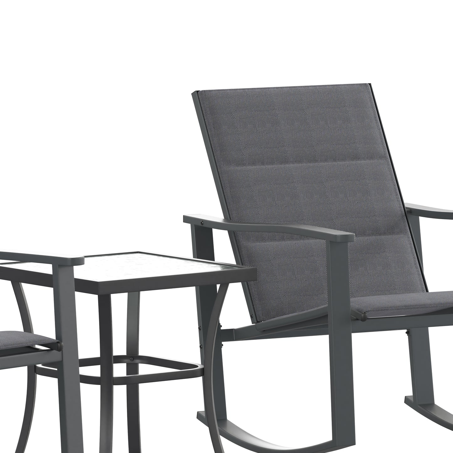 Brazos 3 Piece Outdoor Rocking Chair Bistro Set with Flex Comfort Material and Steel Framed Glass Top Table, Black/Black