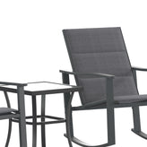 Brazos 3 Piece Outdoor Rocking Chair Bistro Set with Flex Comfort Material and Steel Framed Glass Top Table, Black/Black