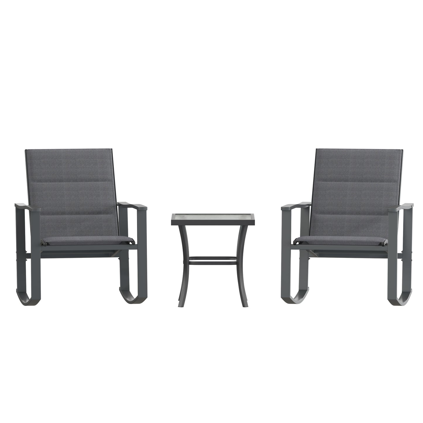 Brazos 3 Piece Outdoor Rocking Chair Bistro Set with Flex Comfort Material and Steel Framed Glass Top Table, Black/Black