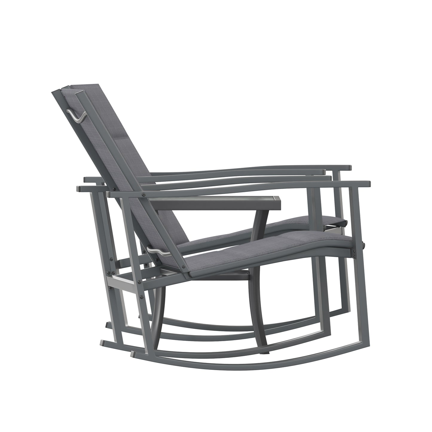 Brazos 3 Piece Outdoor Rocking Chair Bistro Set with Flex Comfort Material and Steel Framed Glass Top Table, Black/Black