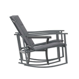 Brazos 3 Piece Outdoor Rocking Chair Bistro Set with Flex Comfort Material and Steel Framed Glass Top Table, Black/Black